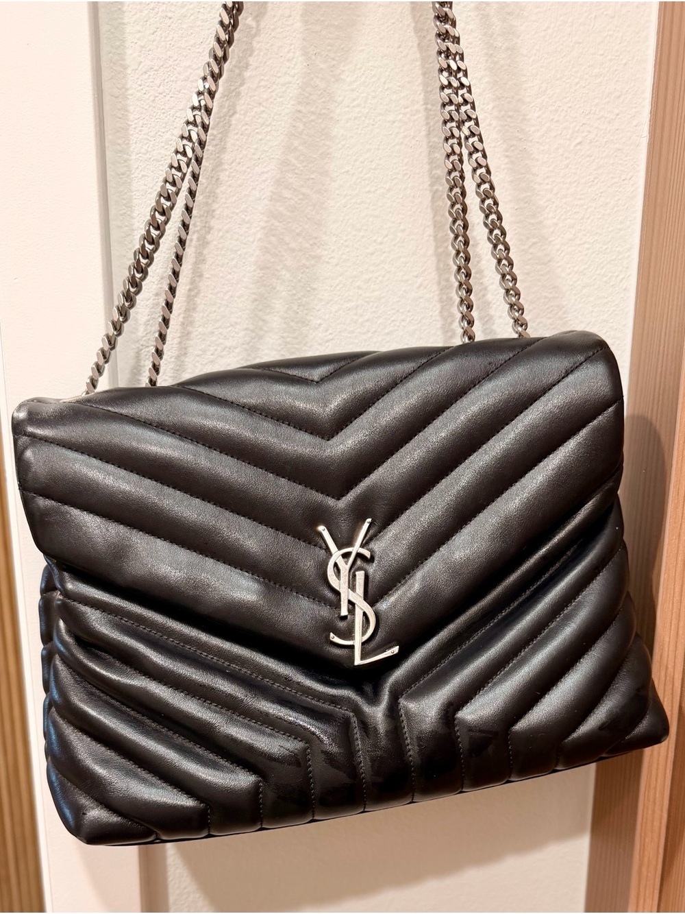 Saint Laurent Black Quilted Chevron Leather Shoulder Bag with Silver Hardware